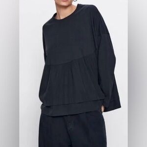 Zara Black Oversized Peplum Contrast Fabric Top Size Medium
